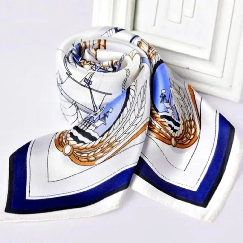 Ladies's Mulberry Silky Scarf Classic Marine Print Blue & White